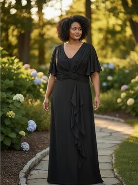 NWT FORMAL Elegant Black V-Neck Flutter Sleeve Evening Maxi Dress